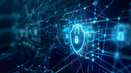 Data protection and cyber security in business technology lock and shield icons blue background with digital network connections privacy-focused design 