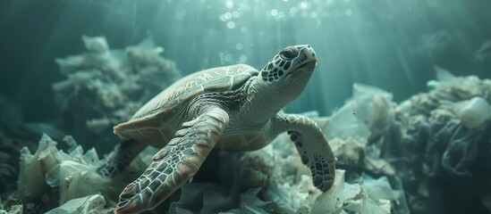 Obraz premium Sea Turtle Swimming Amidst Ocean Plastic Pollution Highlighting Environmental Conservation Issues