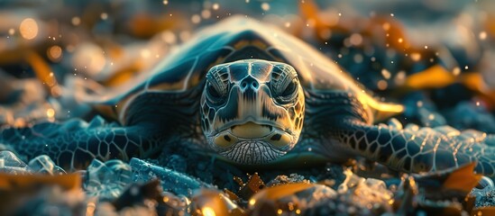Obraz premium Close-up of a Sea Turtle on a Rocky Beach with Seaweed and Sparkling Water Droplets in the Background