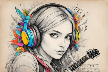 Naklejka premium Colorful Melody: Music Vibes A Girl with Headphones, Guitar, and Drums artistic sketch