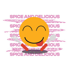Floating Smiling Face with Sticking Tongue with Fork and Spoon, Pink Signal Distorted Typography at Backgrounds