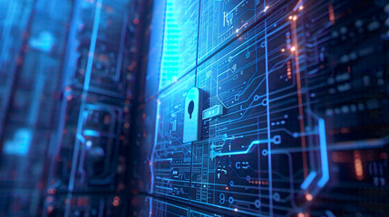 Fototapeta premium Digital screen showcases lock accentuating security concept with 3D render and contrast. Blue backdrop. 
