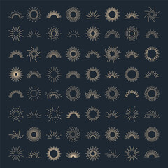 Set vintage sunburst. Bursting rays sunrise firework.