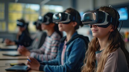 A group of students in a modern classroom wearing VR headsets engaged in a virtual reality lesson. They are seated at desks, interacting with digital content in a dynamic and immersive learning