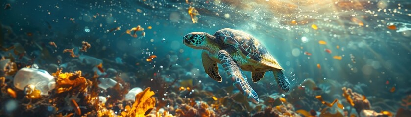 Fototapeta premium Majestic Sea Turtle Swimming Underwater Amidst Colorful Marine Life and Sunlit Ocean Waters