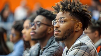 A diverse group of university students attentively listens to a professor during a classroom lecture. The professor is engaging with the students, using visual aids and interactive teaching methods.