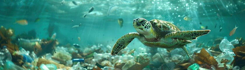 Sea Turtle Swimming Amidst Ocean Pollution with Plastic Waste and Marine Debris