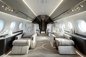 Fototapeta premium A luxurious airplane cabin featuring spacious seating with modern amenities The seats are designed for maximum comfort, with personal entertainment systems and adjustable footrests The cabin's design
