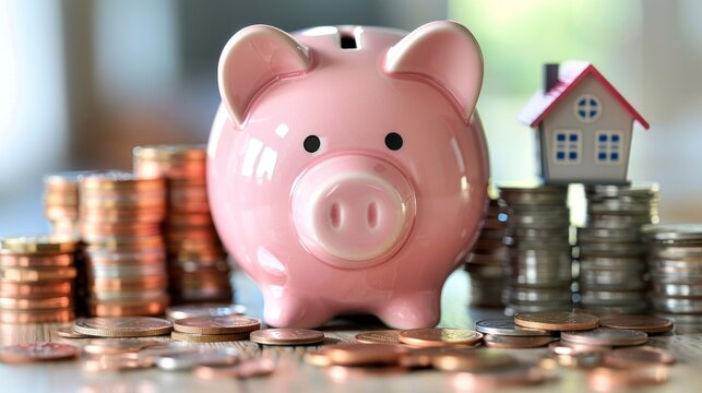 A pink piggy bank surrounded by stacks of coins and a small house model, symbolizing saving money for future home ownership. The image captures the essence of long-term financial goals and the