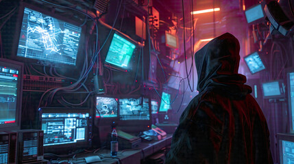 Fototapeta premium Hacker in a hood compromising government data servers with a virus dark and cluttered hideout featuring numerous displays and cables intense cyber attack scene 