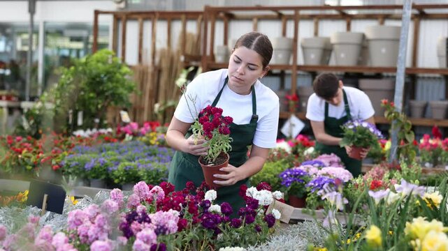 Focused young florist working in greenhouse, inspecting bright colorful flowers of potted Matthiola incana. High quality 4k footage