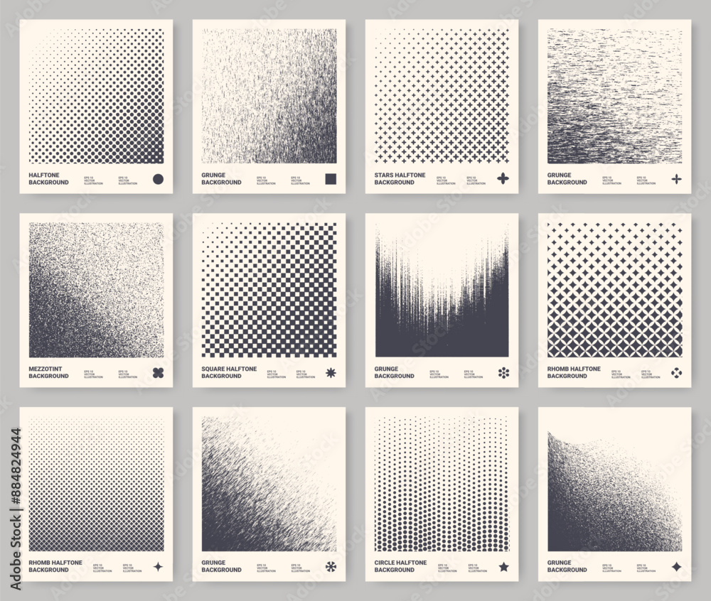 Aufkleber Halftone pattern. Square gradient. Black color gradation. Wavy grain line texture. Dot shadow geometric elements. Monochrome graphic spray effect. Frame design. Vector backgrounds set
