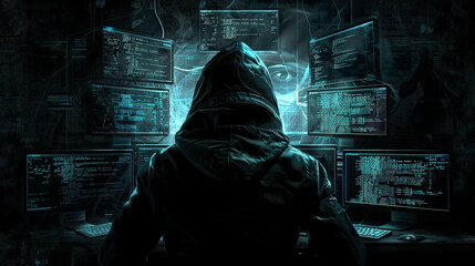 Hooded hacker in a shadowy environment surrounded by computer monitors displaying lines of code dark and secretive ambiance representing cybercrime and hacking 