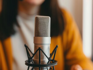 Podcast series recording with professional microphone, high-quality online audio content, immersive, engaging, copy space, focus on objects, deep depth of field