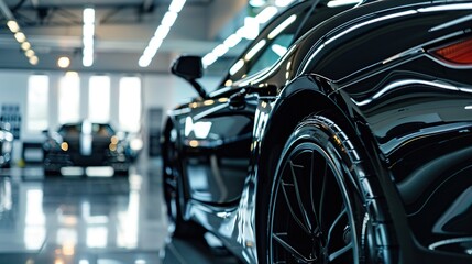 Shiny black sports car in a showroom.