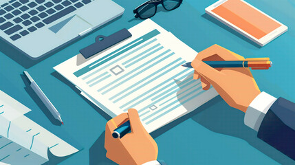 Illustration featuring an applicant filling in a business company application form document either for job application or health insurance claim 