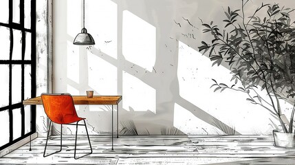   A sketch of a room featuring a desk, chair, and a potted plant on a windowsill