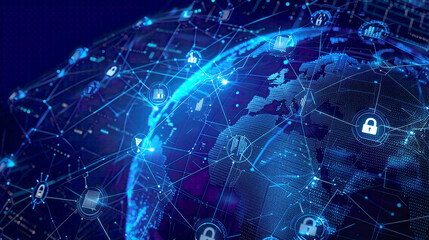 Illustration showcasing global network security depicting a network of interconnected nodes protected by locks and shields