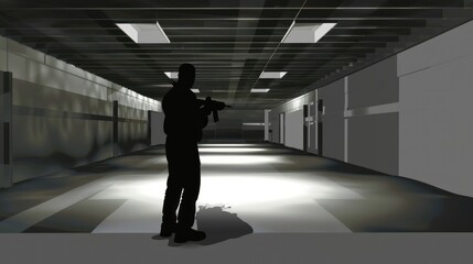 Fototapeta premium Silhouette of a Soldier in a Dark Corridor