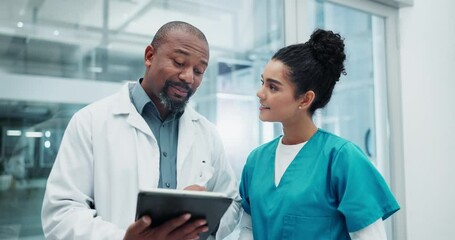 Teamwork, nurse or doctor with tablet for discussion, treatment results and medical report in healthcare. Technology, woman and man for telehealth, feedback information and research updates in clinic