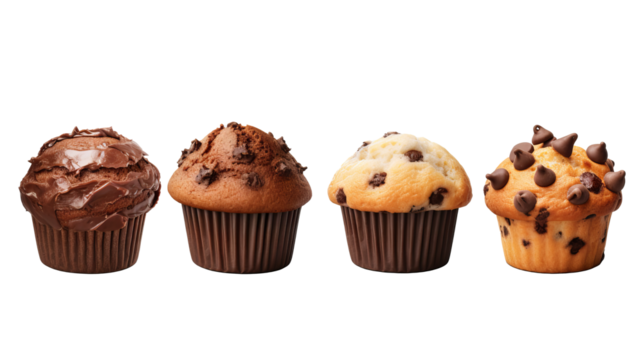 Chocolate muffin assortment on transparent background, PNG file – variety of design angles, ideal for mockup templates and artwork