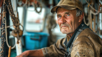 Obraz premium Portrait of a fisherman in a boat. 