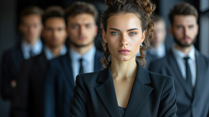 Obraz premium Feminism concept with businesswoman in formal office outfit in front of male business persons.