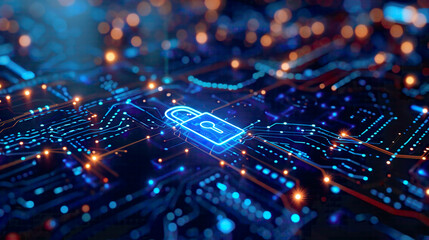 Modern safety concept in technology security lock symbol on a blue digital background detailed network connections and circuitry futuristic design 