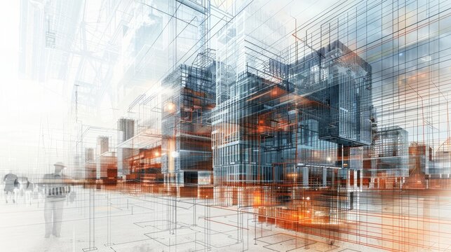 Business plan concept in engineering, illustrated with double exposure technique combining urban elements and technical drawings.