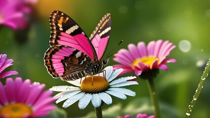 Obraz premium Vibrant Butterfly on Daisy in Morning Dew
