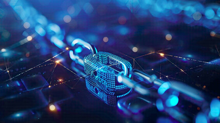 Secure network safety concept lock icon and digital links on a blue background detailed tech design focusing on protection and security 