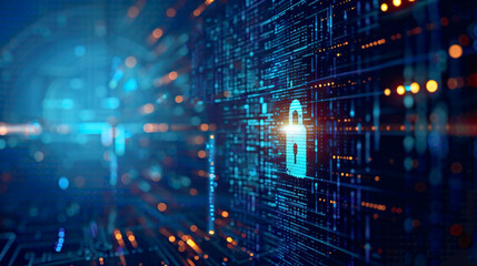 Fototapeta premium Secure website design and programming technology developer coding for social world safety cyberspace protection with lock icon and blue tech background 