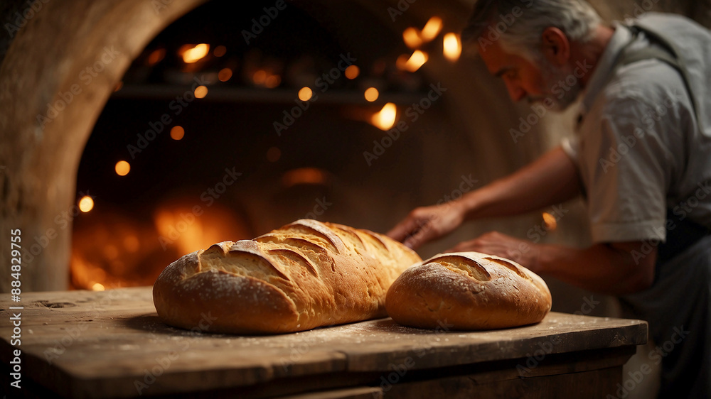 Wall mural baking bread cinematically document the process of baking bread in a traditional oven, focusing on h