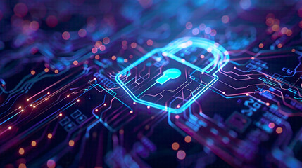 Technology security concept with a lock symbol modern digital safety background featuring blue circuitry and network connections sleek and futuristic design 