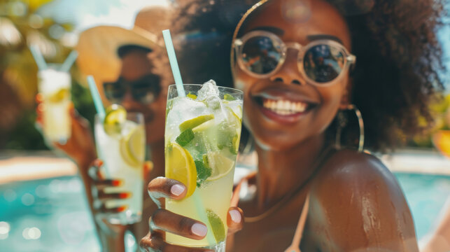 Group of young happy smiling afro american black friends drinking mojito cocktails glasses at summer holidays pool party