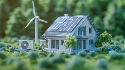Obraz premium Sustainable Home with Solar Panels and Wind Turbine