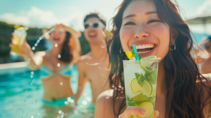 Group of young happy smiling Japanese Asian friends drinking mojito cocktails glasses at summer holidays pool party