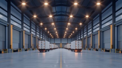 Obraz premium Night view of delivery vehicles leaving warehouse with dispatched packages, copy space, focus on objects, deep depth of field.