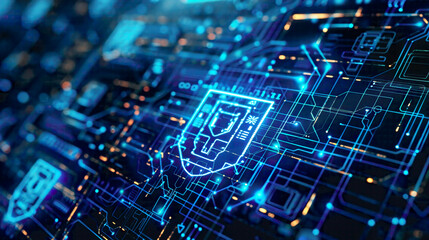 Visual representation of cyber security and digital data protection concept featuring an icon graphic interface displaying secure firewall technology for defending online data access against hackers