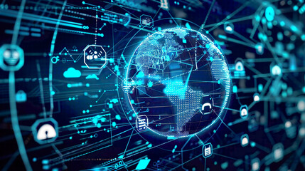 Obraz premium Visual representation of global network security featuring a secure globe surrounded by security symbols and protective barriers