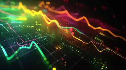 A futuristic representation of stock market trends, vibrant colors with emphasis on green and yellow lines, smooth gradients, overlaying a black background with subtle numeric data and tick marks