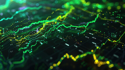 A futuristic representation of stock market trends, vibrant colors with emphasis on green and yellow lines, smooth gradients, overlaying a black background with subtle numeric data and tick marks