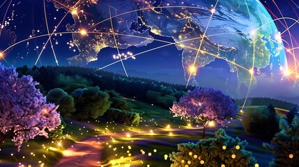 Global Network Concept With Glowing Connections Over Scenic Landscape