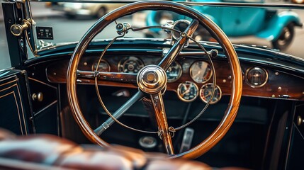 Antique car showing retro vintage style, classic car interior,