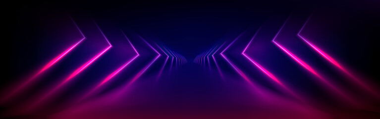 Neon light tunnel perspective. Vector realistic illustration of dark hall with triangular shape geometric lamps, purple and pink color illumination glowing in dark corridor, futuristic virtual portal