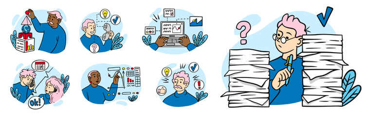 Business scenes. Office people communication. Outline characters. Business communication. Manager speak scene. Paperwork and project planning. Company management. Vector cartoon set