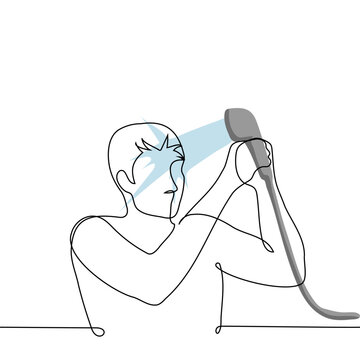 recommend clip art: man pours water on his face from a hand shower - one line art vector. concept Stress relief, cool down, wash