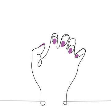 recommend clip art: close-up of a woman's hand with bent fingers with purple nails of medium length and oval shape - one line art vector. concept manicure