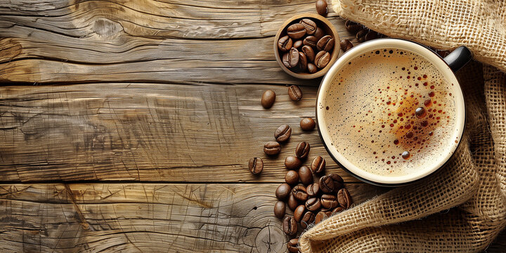 Tasse Kaffe auf Hintergrund aus Holz mit Deko herum. Werbebanner Karte