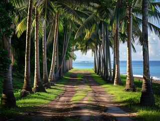 picturesque view of coconut tree-lined path leading to the beach inviting relaxation.